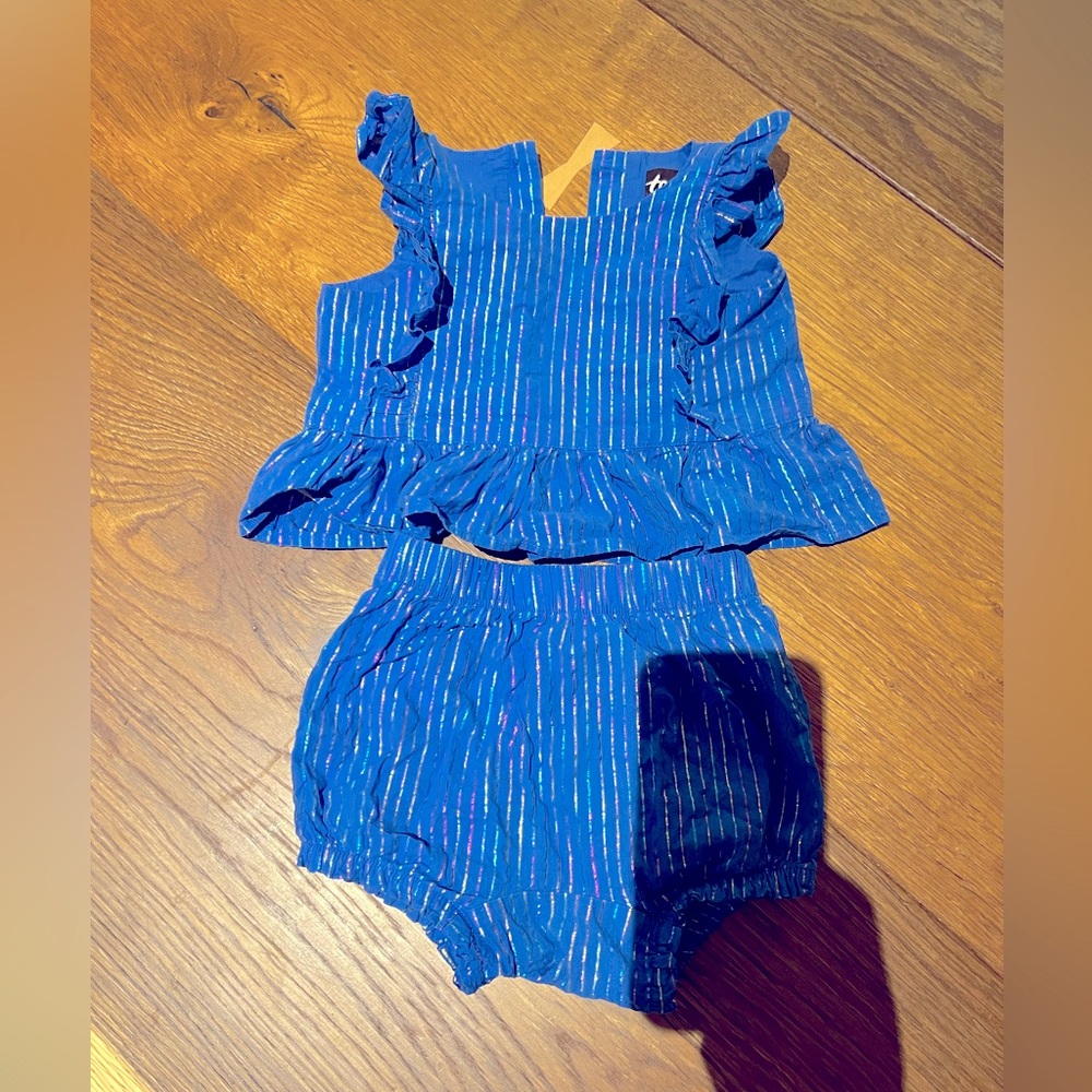 Matching ruffle set blue and rainbow stripes